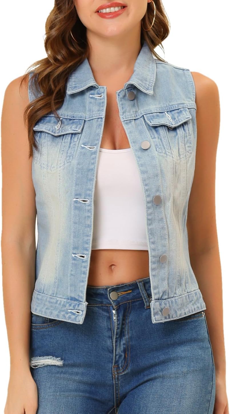 Allegra K Women's Buttoned Washed Denim Vest Jacket for Style
