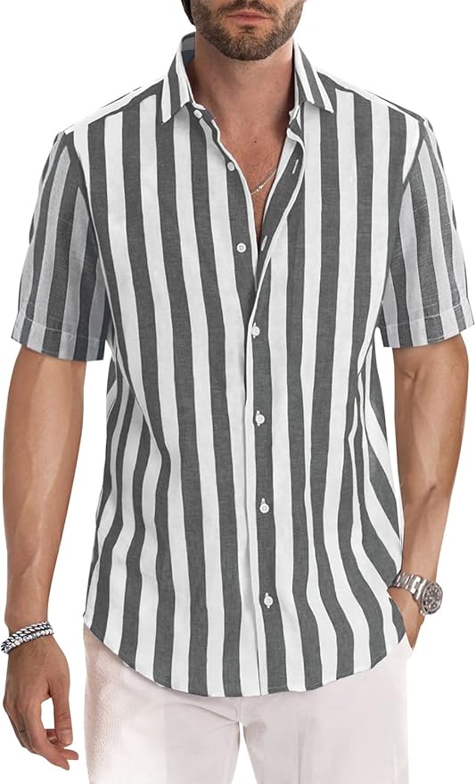 JMIERR Men's Casual Stylish Short Sleeve Button-Up Striped Shirt