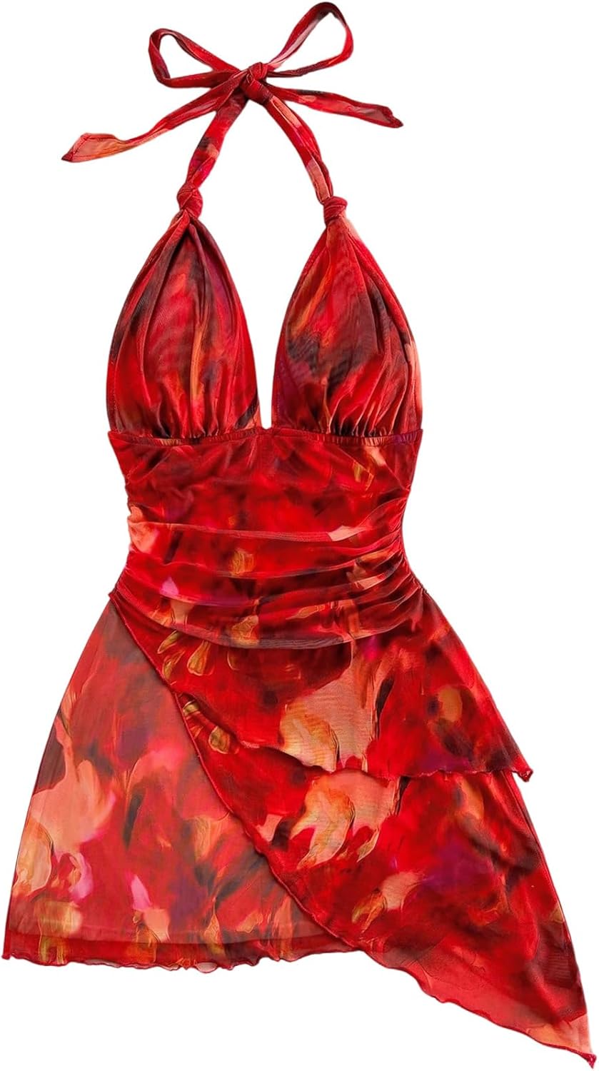 SOLY HUX Women's Sexy Tie Dye Print Halter Mini Dress