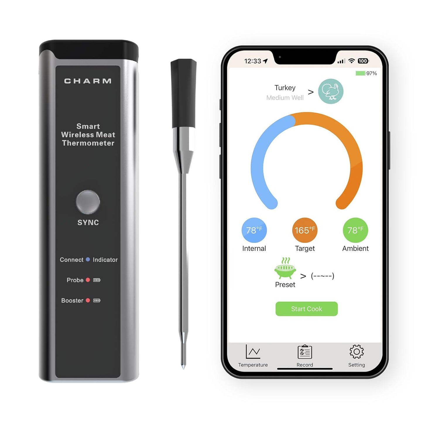 Bluetooth BBQ Thermometer - 500 ft Range, Dual Sensors