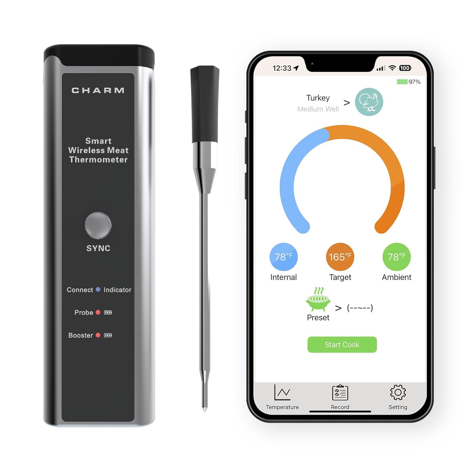 Bluetooth BBQ Thermometer - 500 ft Range, Dual Sensors