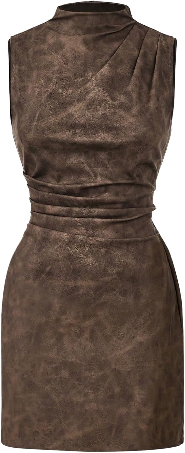 Women's PU Leather Ruched Bodycon Dress for Stylish Occasions