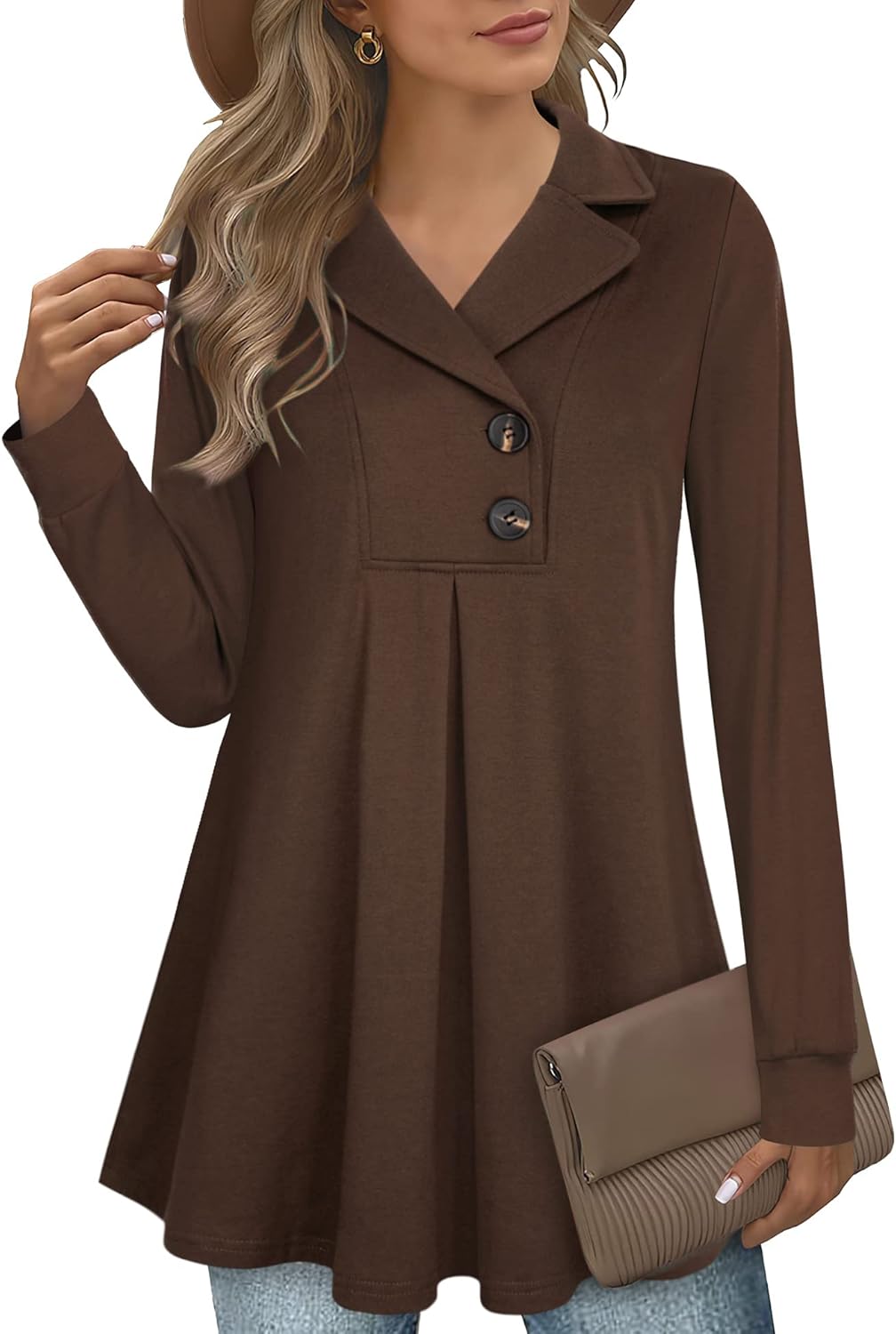 Gaharu Women's Swing Tunic Notch Collar Long Sleeve Pullover