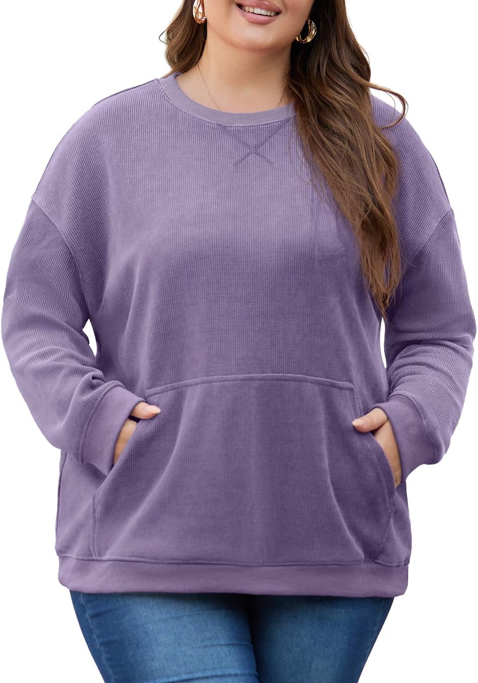 OLRIK Women Plus Size Oversized Corduroy Crewneck Sweatshirt