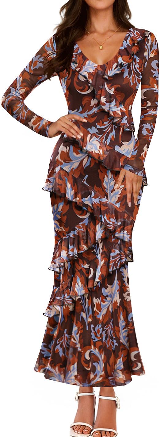ZESICA Women's Floral Long Sleeve Maxi Dress for Fall Events