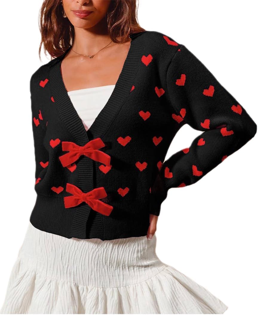 Cute Women's Bow Tie Cardigan Sweaters for Valentine's Day