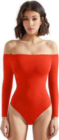 Women Off the Shoulder Long Sleeve Bodysuit - Double Lined Thong