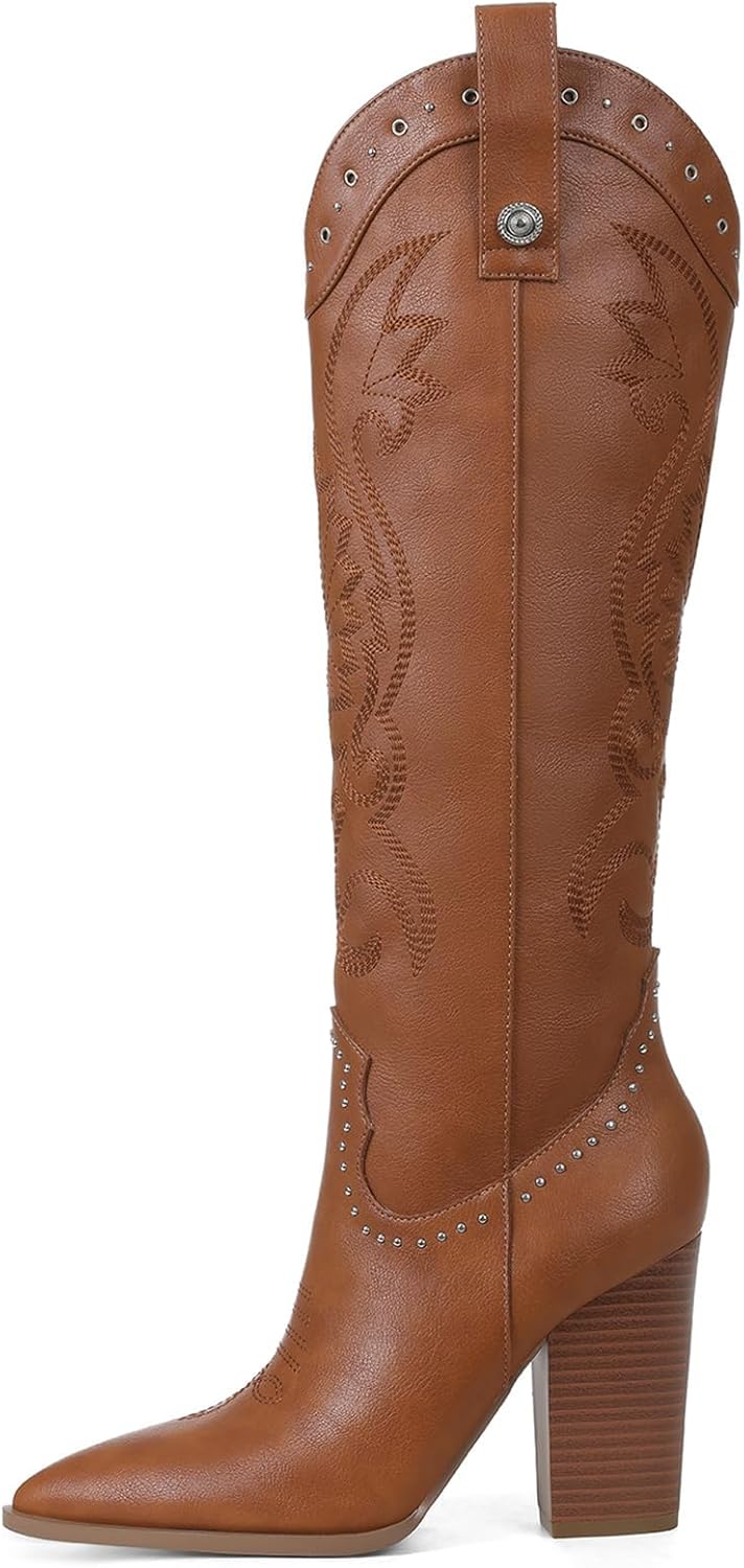 VOMIRA Knee High Cowboy Boots for Women with Chunky Heels