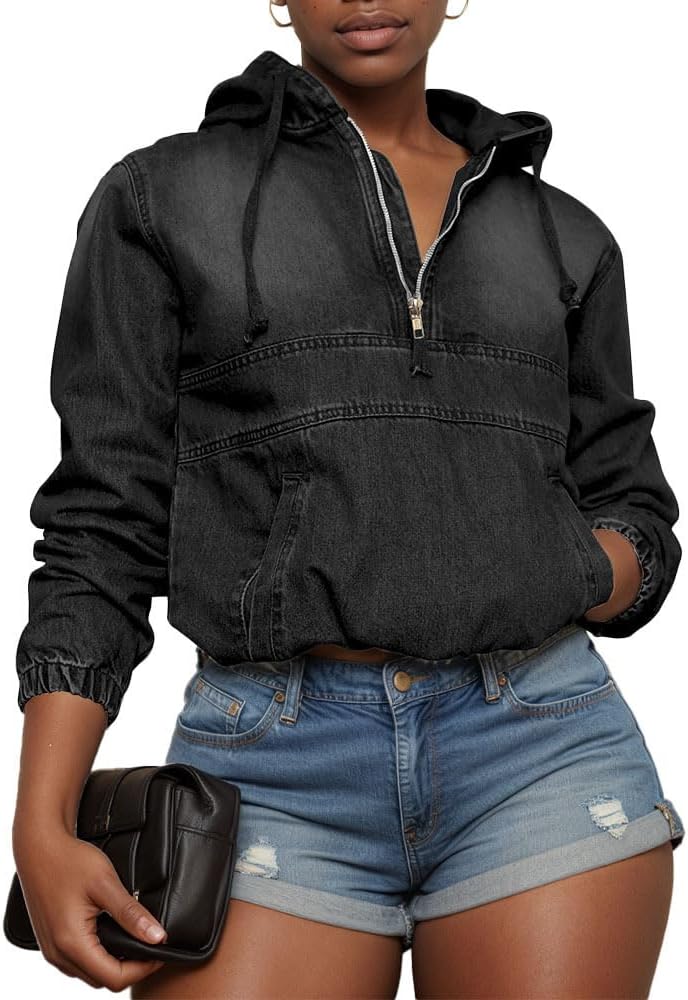 Women's Half Zip Denim Hoodie Pullover Jackets for Casual Style