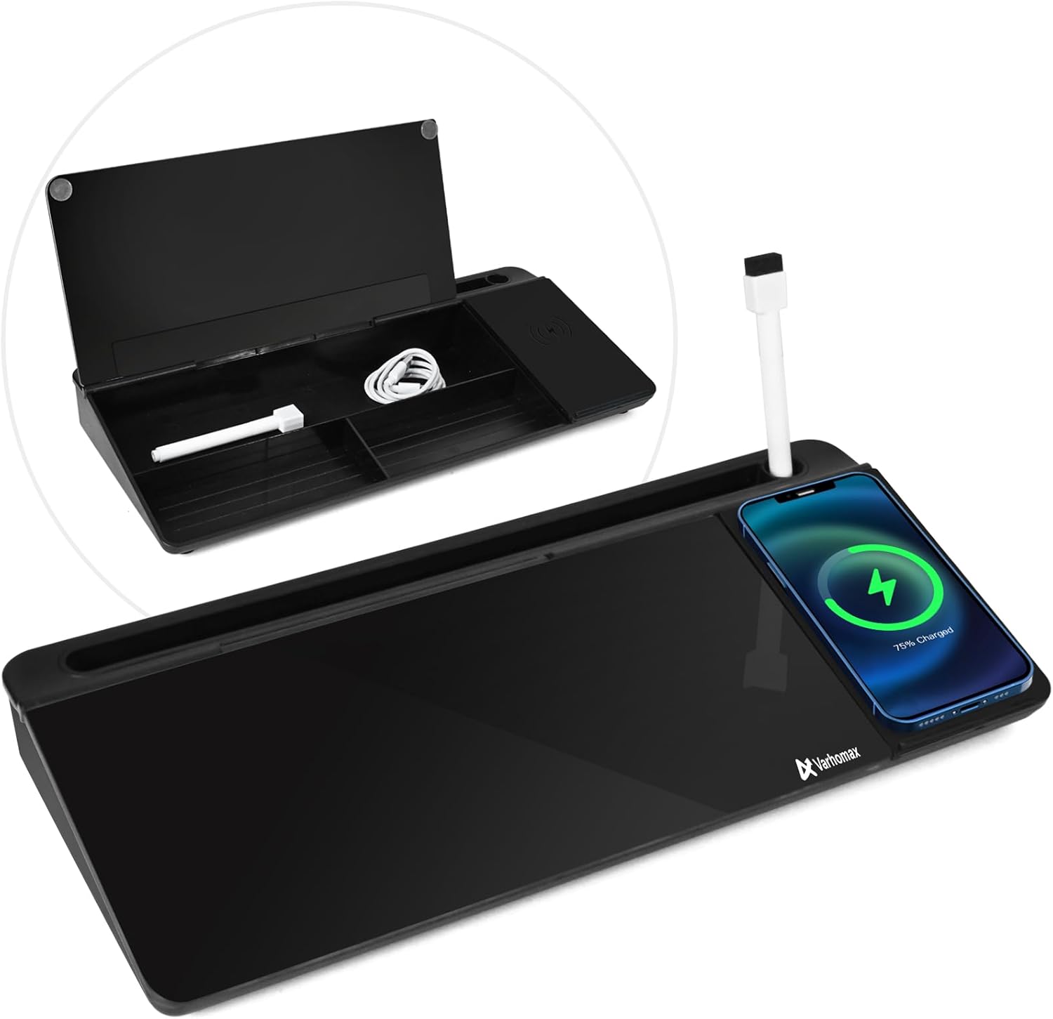 Varhomax Glass Desk Whiteboard with Wireless Charger for Office