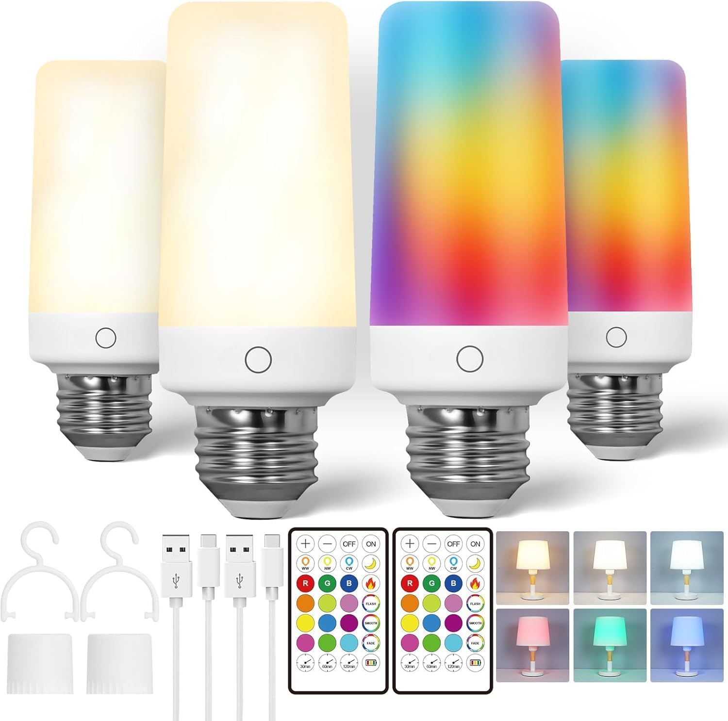 4 Pack USB Rechargeable LED Light Bulbs with Remote Control 60W