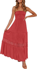 Women's Bohemian Strapless Off Shoulder Lace Trim Maxi Dress - Flowy