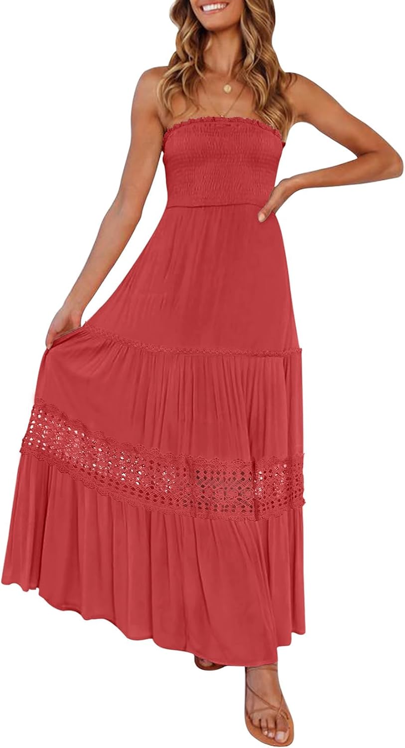 ZESICA Women's Bohemian Strapless Maxi Dress for Summer Fun