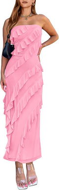 Women Strapless Ruched Mesh Midi Dress - Elegant Summer Party