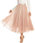 Womens Tulle Midi Skirt High Waist Elastic Pleated Flowy - Party Ready