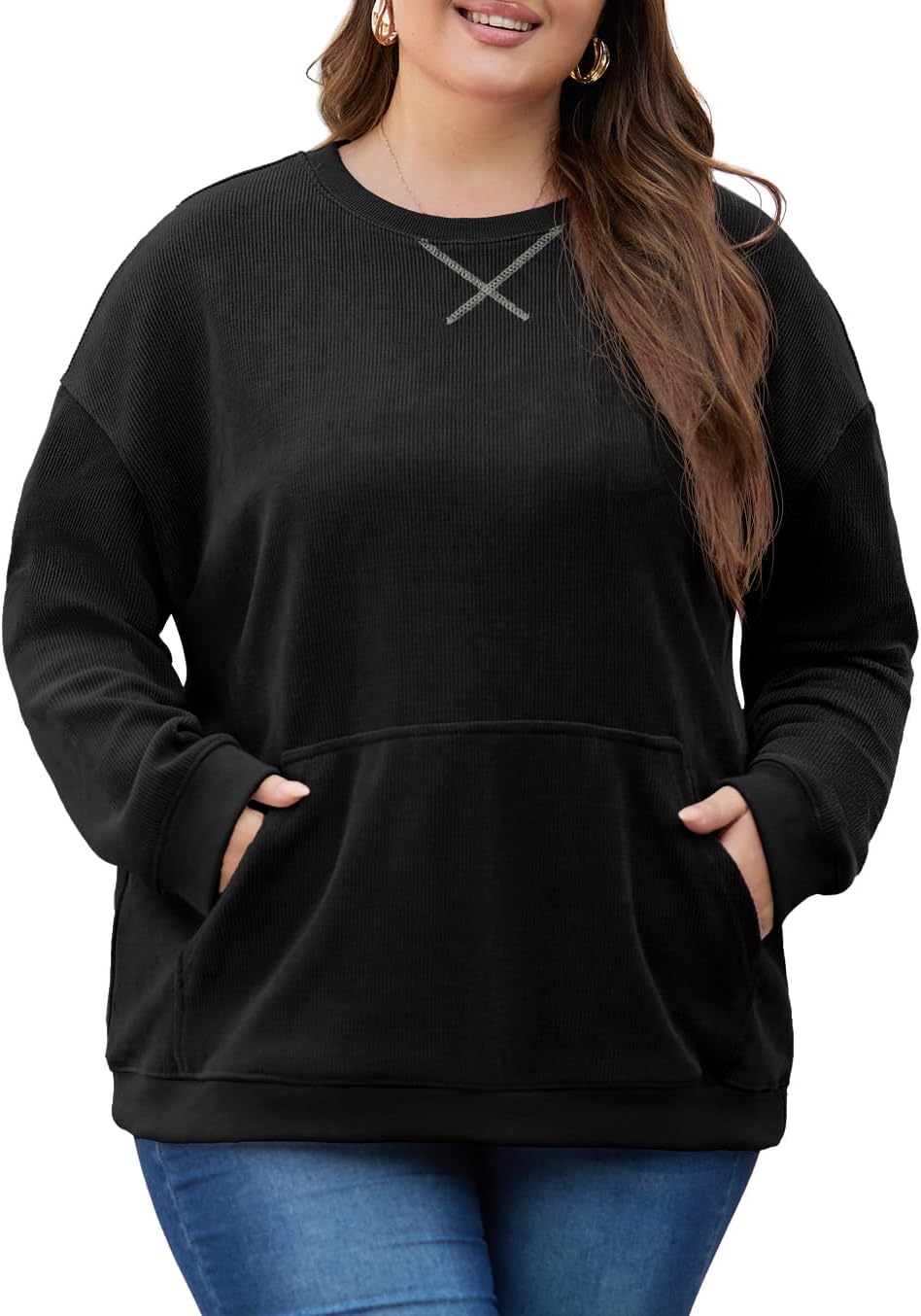 Plus Size Oversized Corduroy Sweatshirt with Kangaroo Pocket