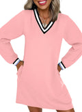 EVALESS Womens V Neck Long Sleeve Casual Tshirt Dress - Soft A-Line