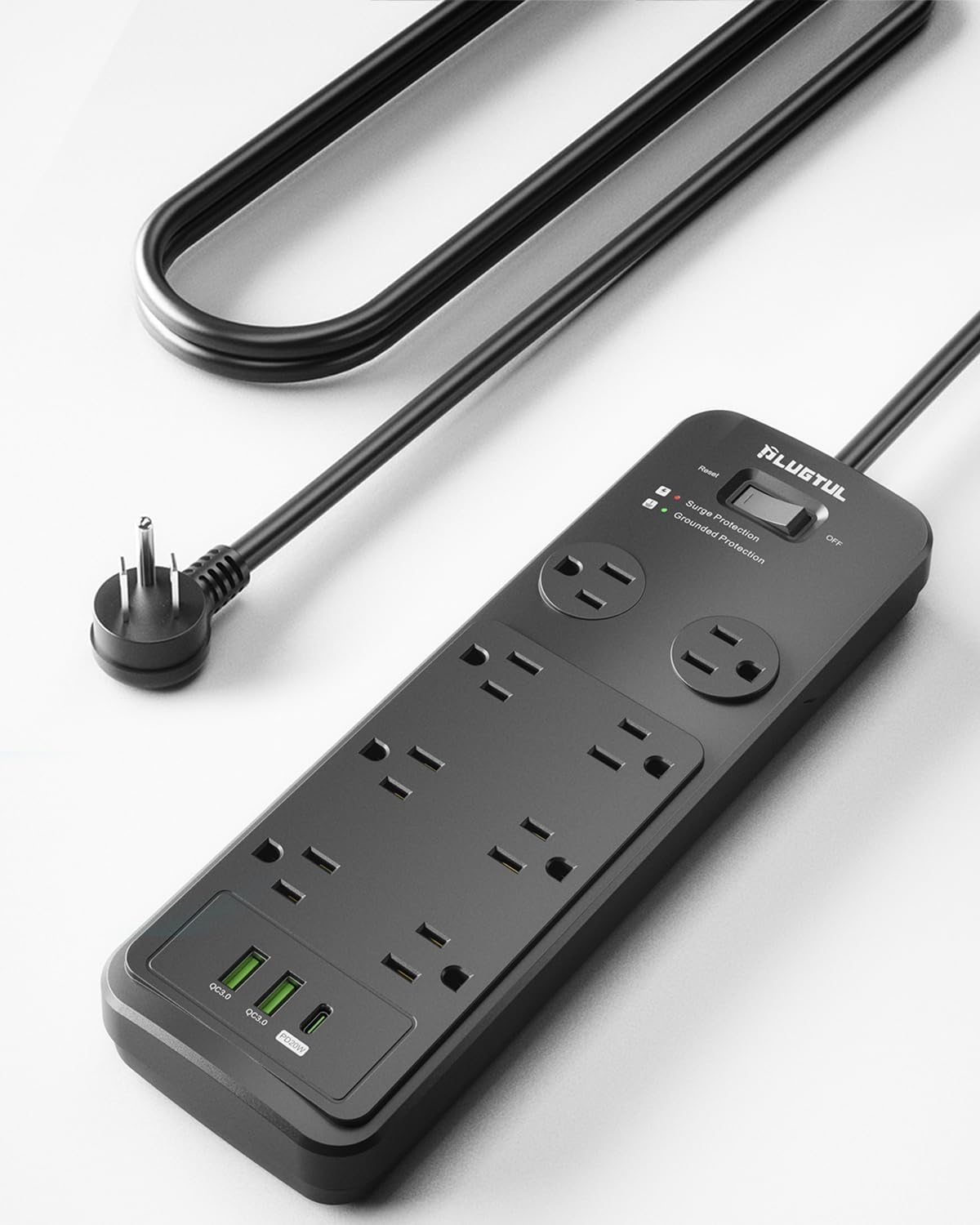PLUGTUL Surge Protector Power Strip - Spacious Design, 20W USB C Charging