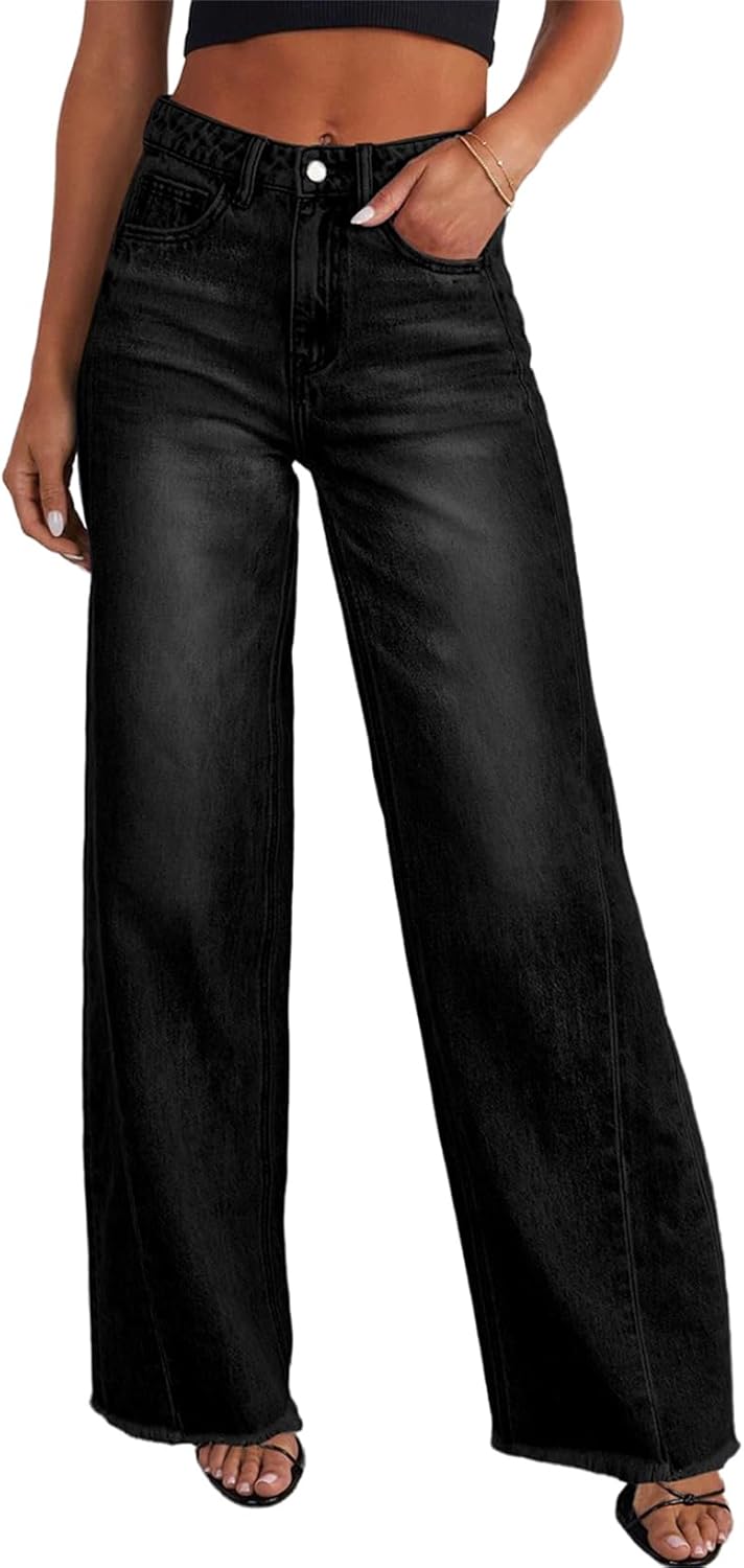 Wide Leg High Waisted Raw Hem Jeans for Women - Stylish Comfort
