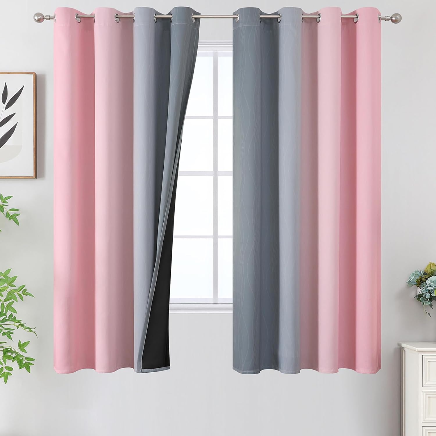 Ombre Gray and Pink Blackout Curtains for Kids Room 63 Inch