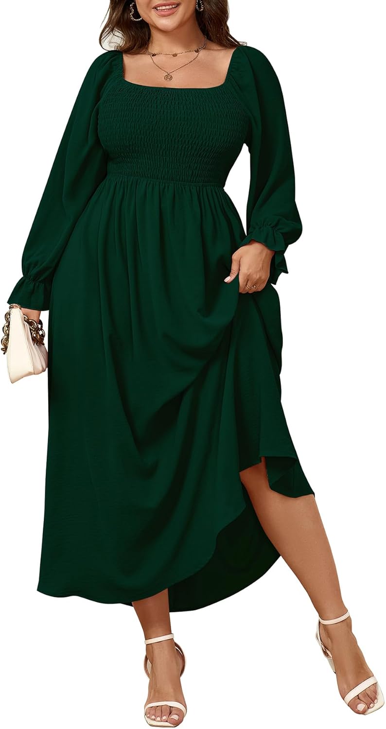 Women's Plus Size Maxi Dress Long Sleeve Square Neck Smocked