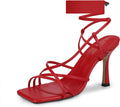ISNOM Lace Up Heels Sandals for Women Red - Square Toe Stiletto