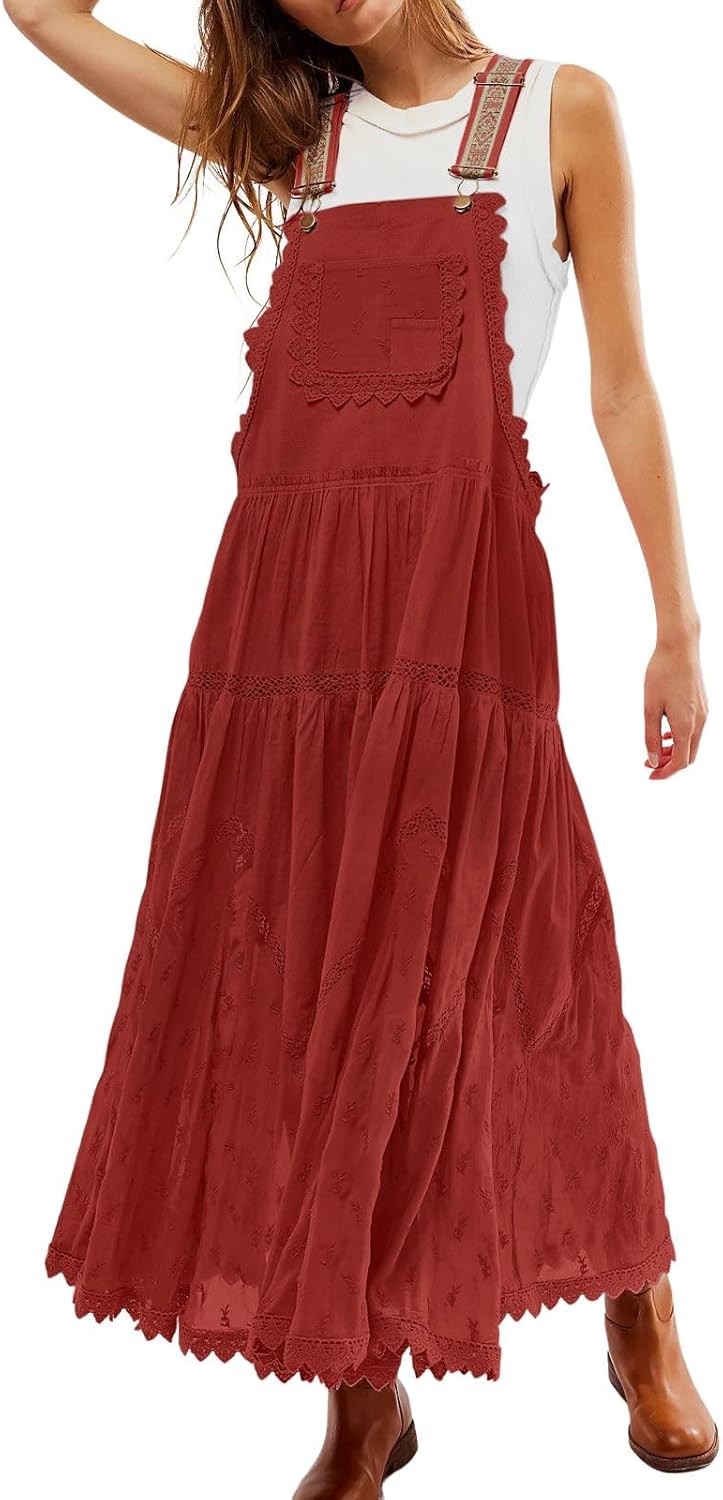 Women's Casual Lace Embroidered Maxi Dress with Pockets