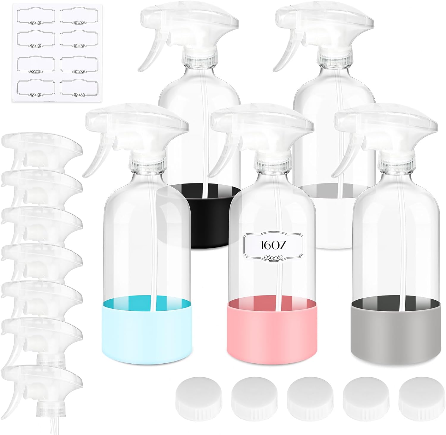 5 Pack Glass Spray Bottles - Upgraded Nozzle, Silicone Sleeve - ZENOWICK