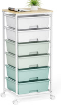 Rolling Storage Cart with Drawers (Green) - 6 Large Drawers & Wooden
