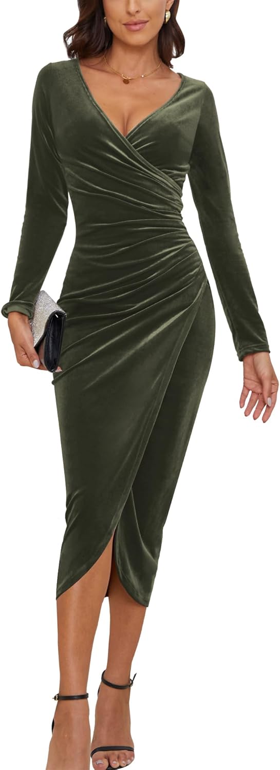 Elegant Bodycon Ruched Velvet Maxi Dress for Women by CYiNu
