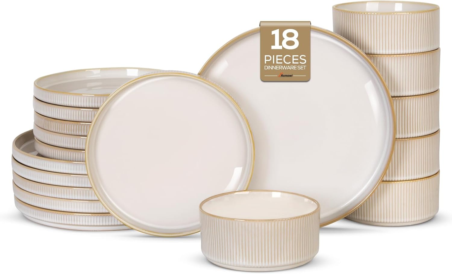 Romswi Ceramic 18Pcs Dinnerware Set for 6, Elegant & Durable