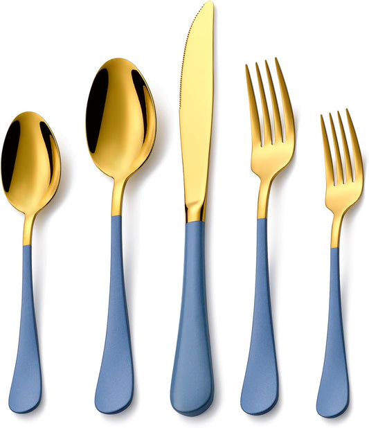 20 Piece Gold and Blue Flatware Set for 4 - Stylish and Durable