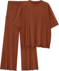 Womens 2 Piece Summer Lounge Set with Wide Leg Pants - Loose Fit