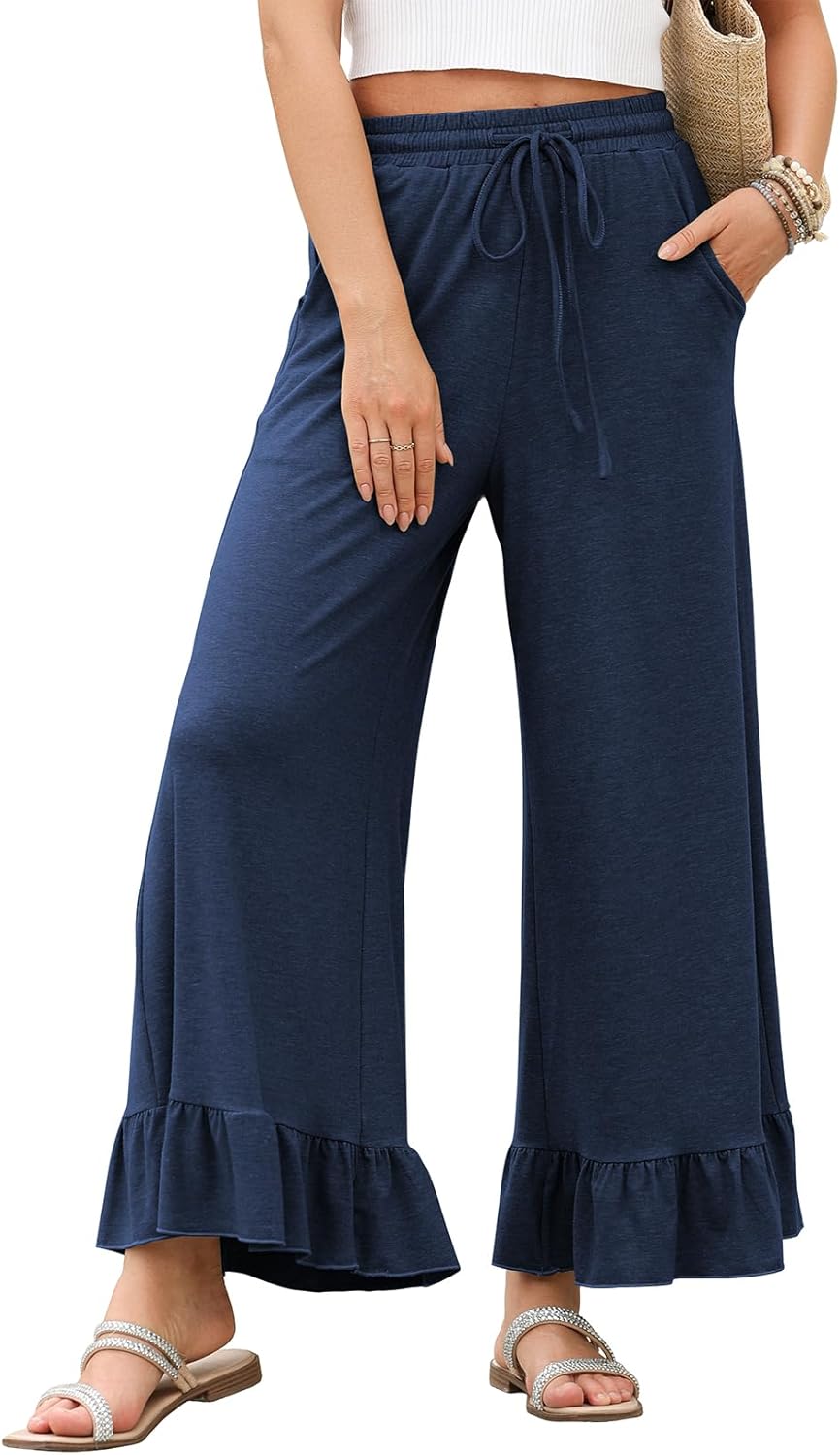EVALESS Womens Wide Leg Pants with Drawstring and Pockets