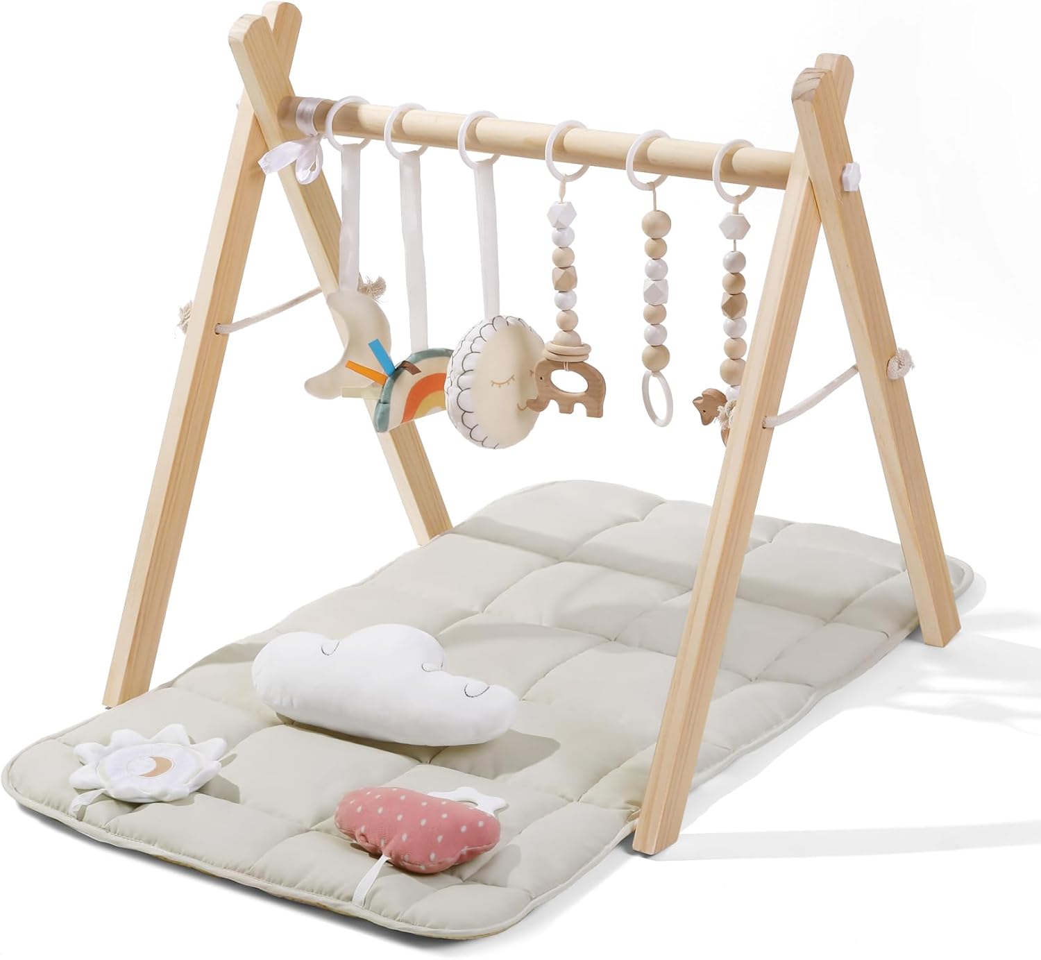Montessori Baby Gym: 9 Sensory Toys, Foldable Frame, Natural Pine