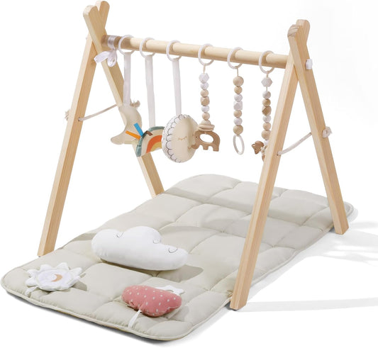 Montessori Baby Gym: 9 Sensory Toys, Foldable Frame, Natural Pine