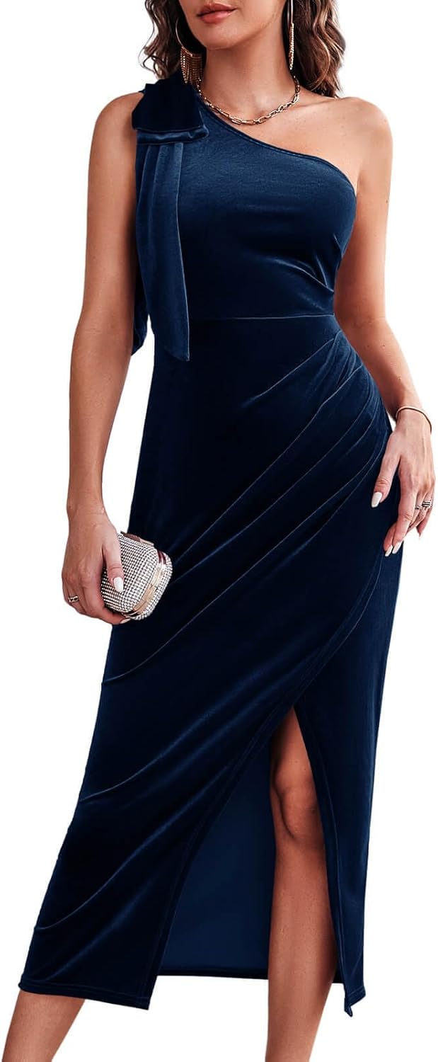 Wenrine Women's One Shoulder Velvet Dress for Elegant Evenings