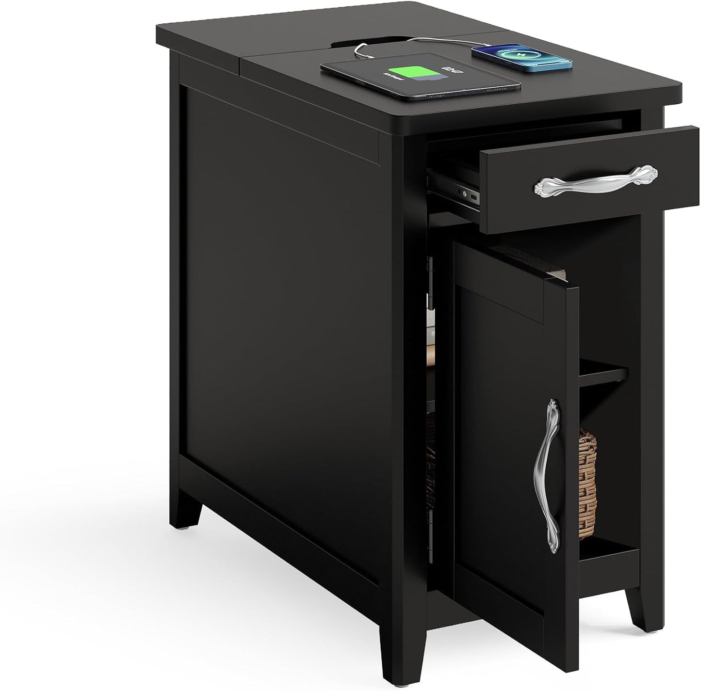 LINSY HOME Farmhouse End Table with Charging Station and Drawer