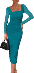 PRETTYGARDEN Ruched Bodycon Midi Dress - Elegant Fall Wedding Guest