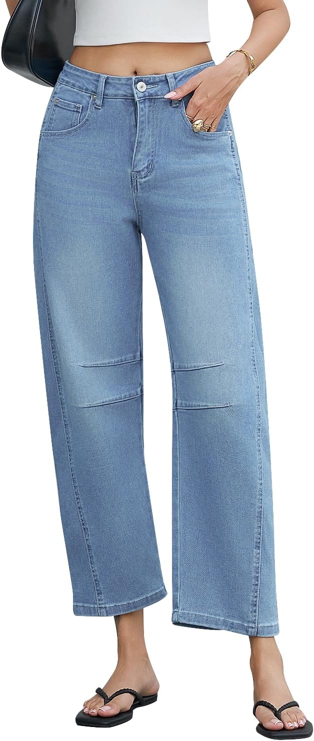 Mid Rise Barrel Jeans for Women - Stylish Wide Leg Denim Pants