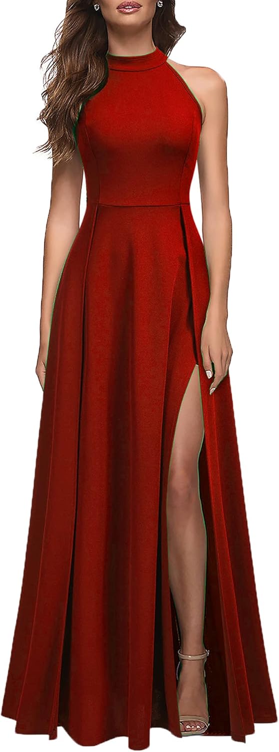 MUSHARE Women's Halter Neck Sexy Split Cocktail Maxi Dress