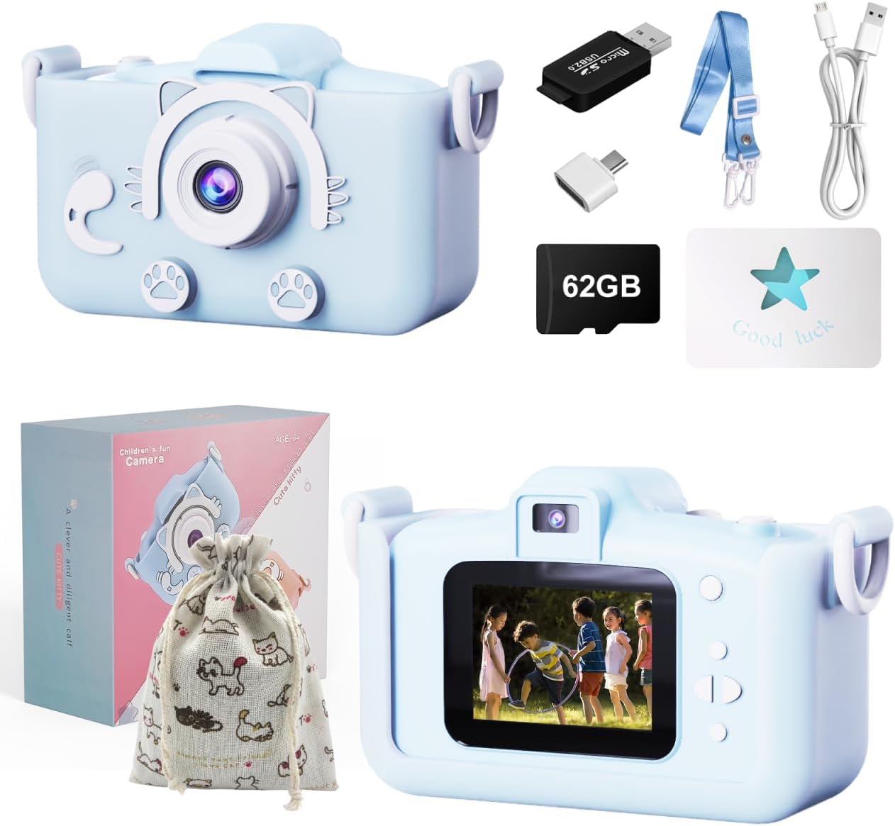 1080P Kids Camera with Games & 62GB SD Card - Perfect Gift for Ages 3-9!