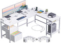 66 in L Shaped White Desk with Power Outlet - Reversible Corner
