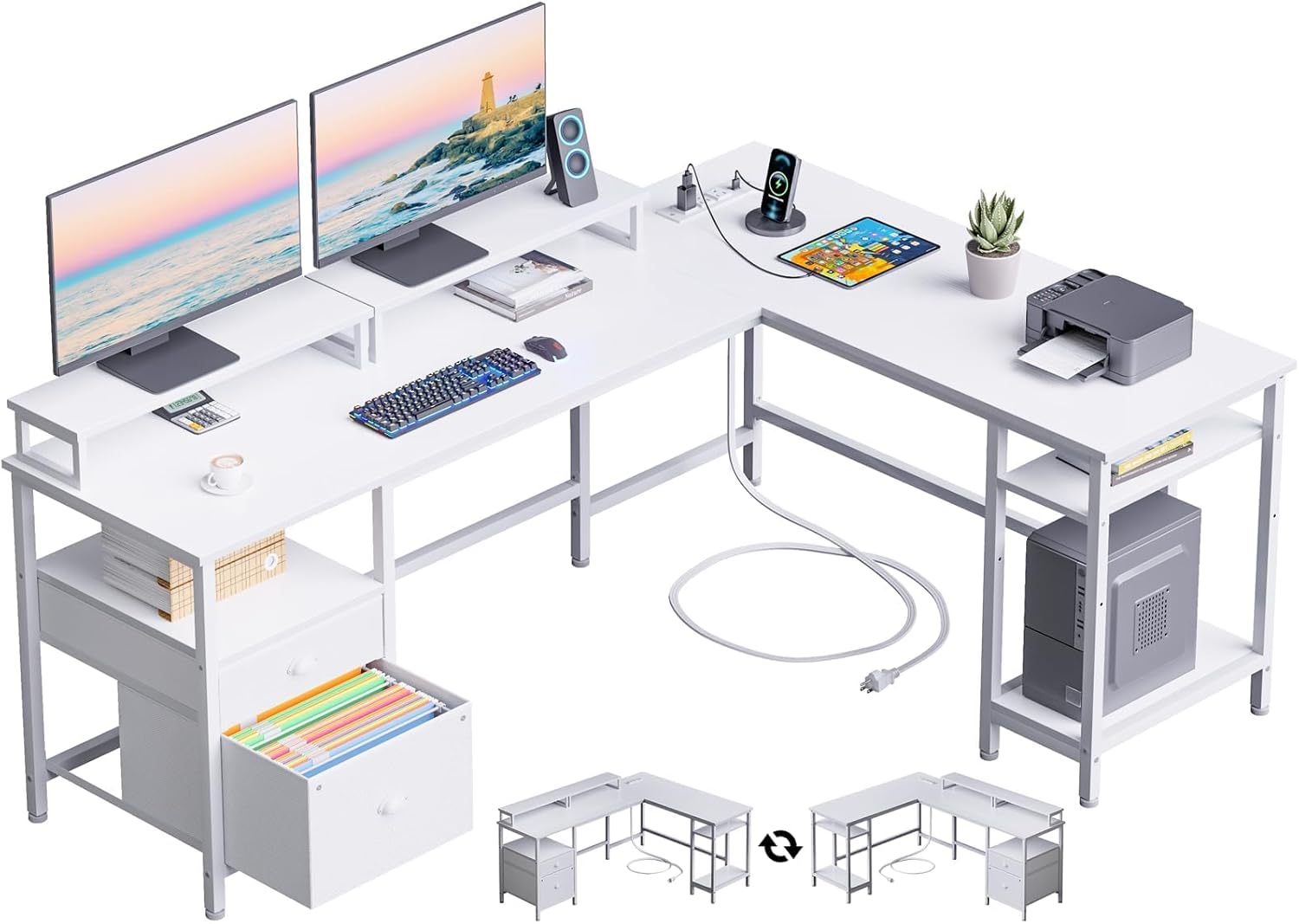 Furologee 66 L Shaped Desk with Power Outlet for Home Office