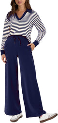 Women's 2 Piece Lounge Set - Long Sleeve Polo Top & Wide Leg Pants