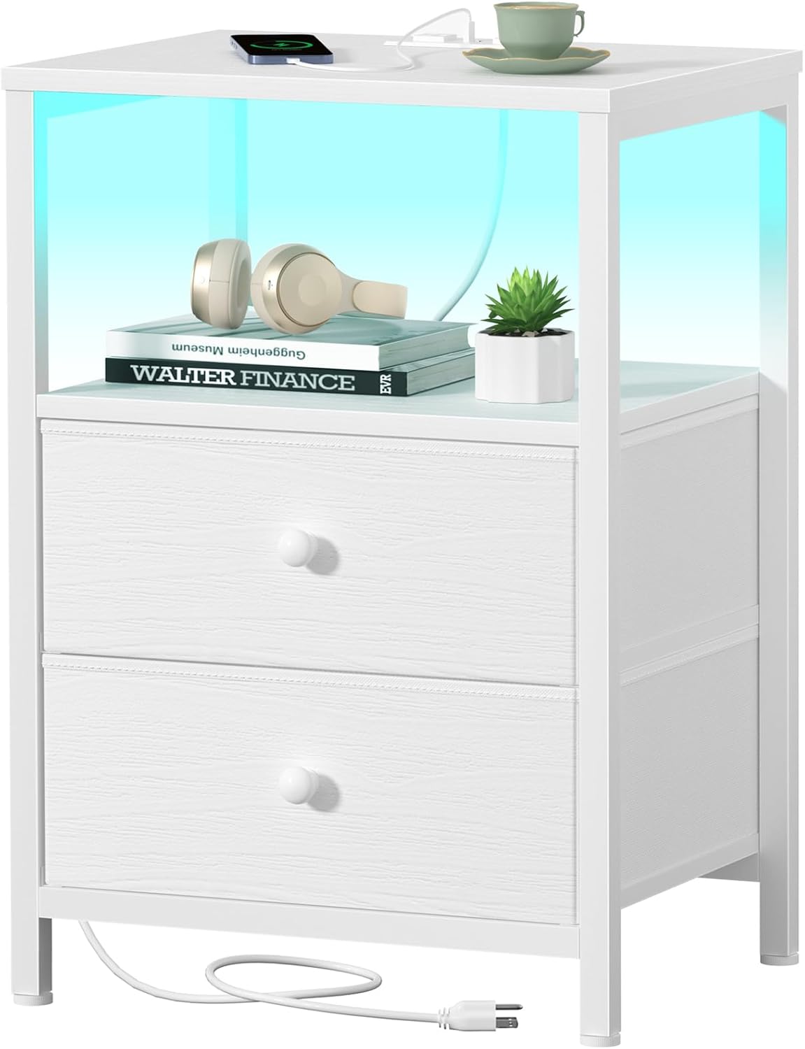 BOLUO White Nightstand with Charging Station and LED Light