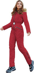 Womens Winter Ski Suit One Piece Hooded Fur Collar - Warm, Waterproof