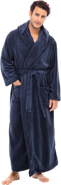 Mens Hooded Plush Fleece Robe in Muted Navy Blue - Full Length Comfort