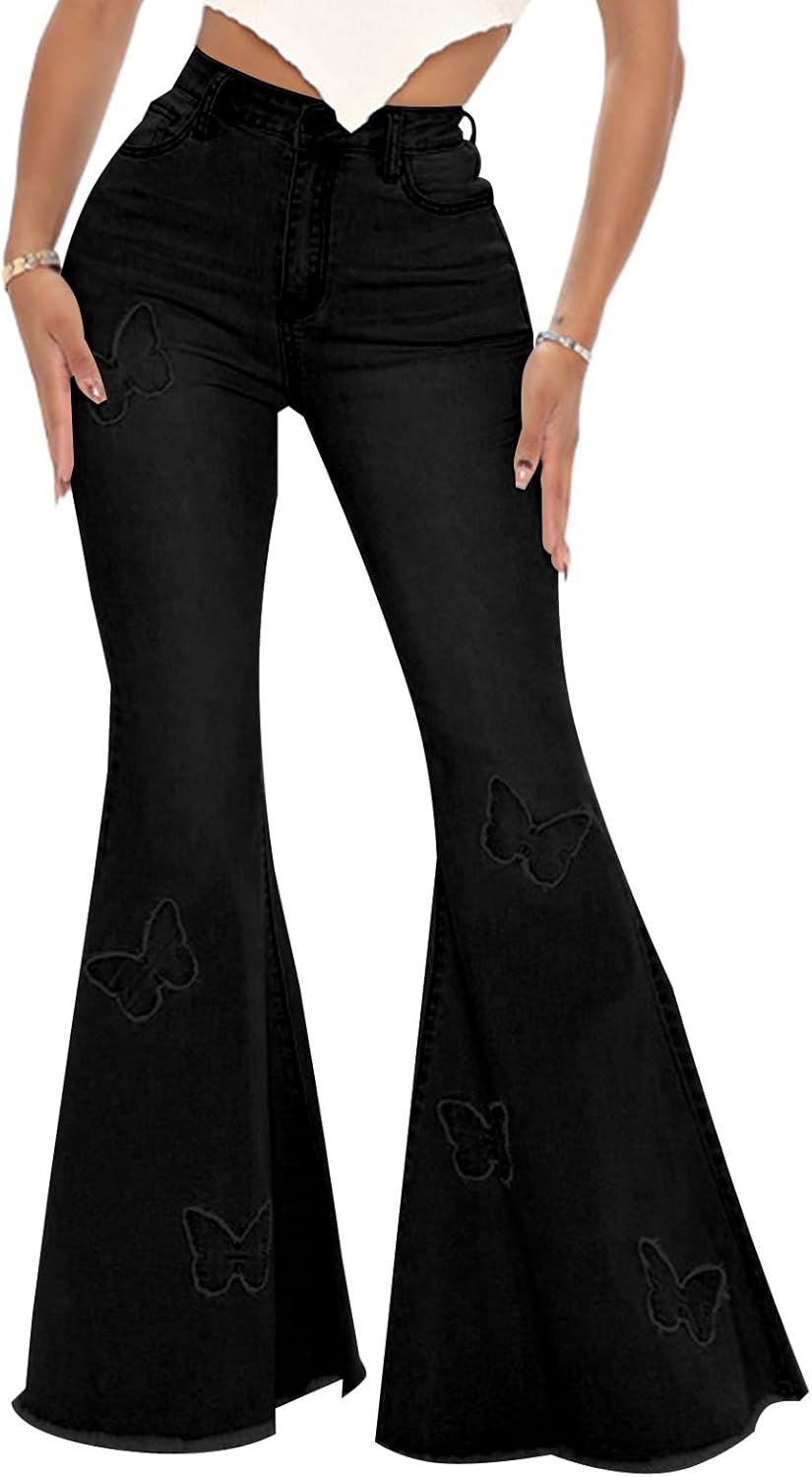 Women's Butterfly Bell Bottom Jeans for Chic Style and Comfort