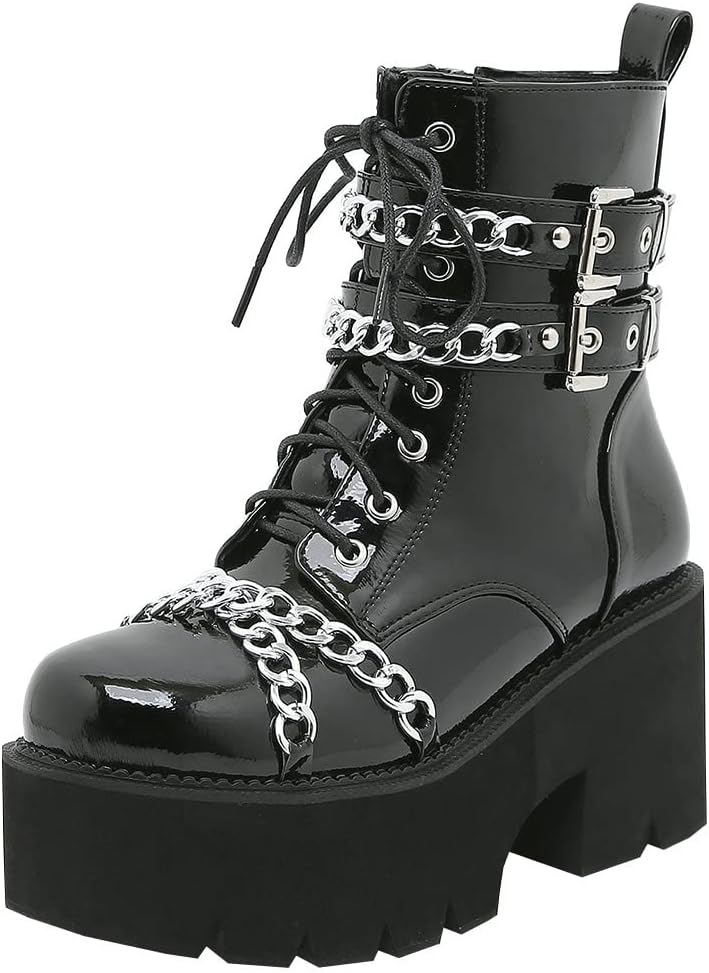 Parisuit Womens Goth Patent Ankle Boots with Chunky High Heels